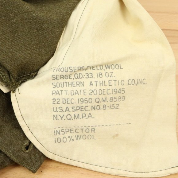 Vintage 50s Korean War Mens 31x33 1950 Wool Field Trousers 18oz Serge Green USA - Picture 2 of 14